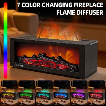 TMEHM Fireplace Flame Air Diffuser Humidifier,7 Colors Aromatherapy Essential Oil Diffuser,Ultrasonic Aroma Humidifier with Timer for Home,Bedroom,Office,Yoga (Black)