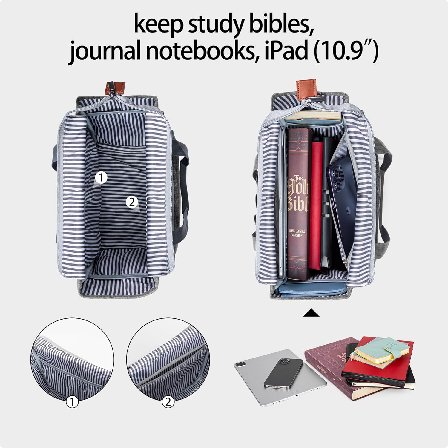 LUXJA Bible Case Tote for Women, Bible Bag with Multiple Pockets for Bible Study Items, Gray