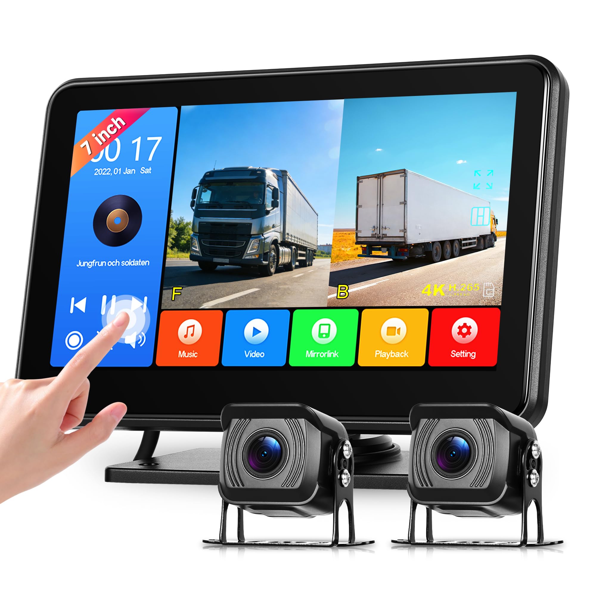Telecamere Retromarcia 2 Telecamere Kit con Android Mirror Link, 7 Pollici Touchscreen, 1080P Telecamera Posteriore IP68 Impermeabile, Visione Notturna, Loop Video, per Camion/Autobus/Furgoni/Camper