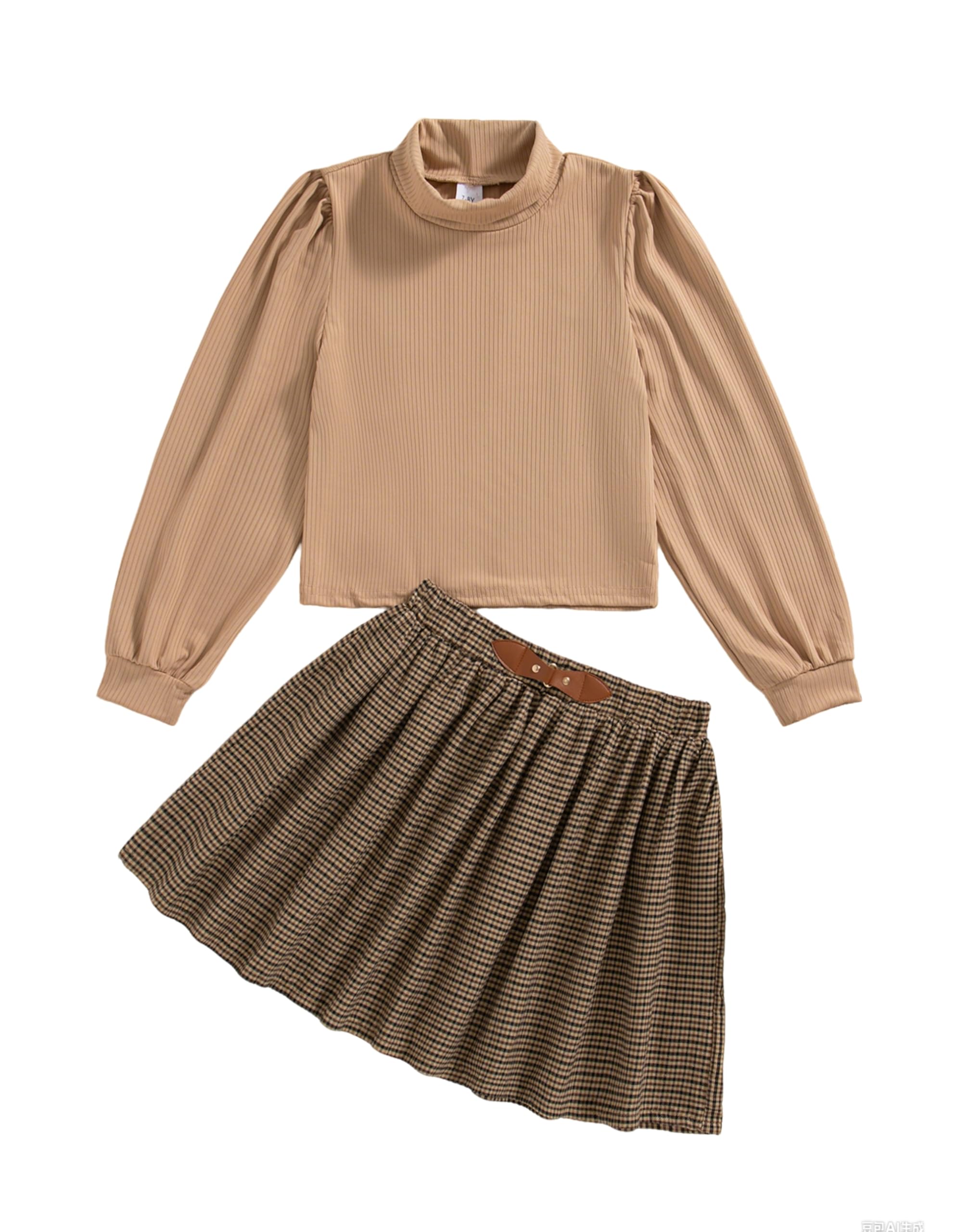 YOURUIKEY Girls Skirt Sets 2 Piece Outfits Long Sleeve Puff Mock Neck Tops and Plaid Skirts Fall Winter Clothes Size 6-14Y