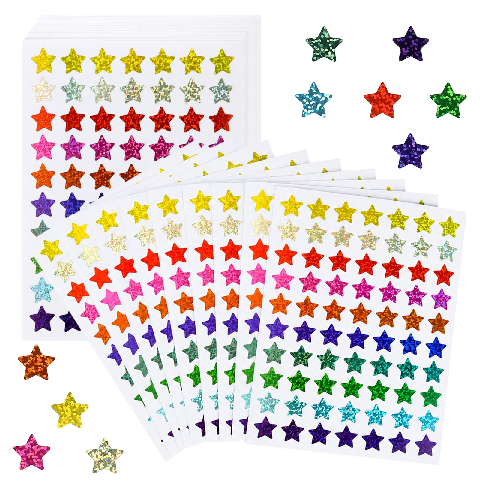 2800 Pcs Star Stickers, 40 Sheets, 10 Bright Color, Holographic, for Reward