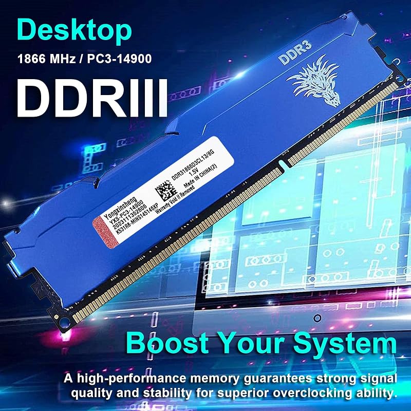 Yongxinsheng DDR3 32GB (4x8GB) 1866MHz PC3-14900 Asztali RAM Memória Kék