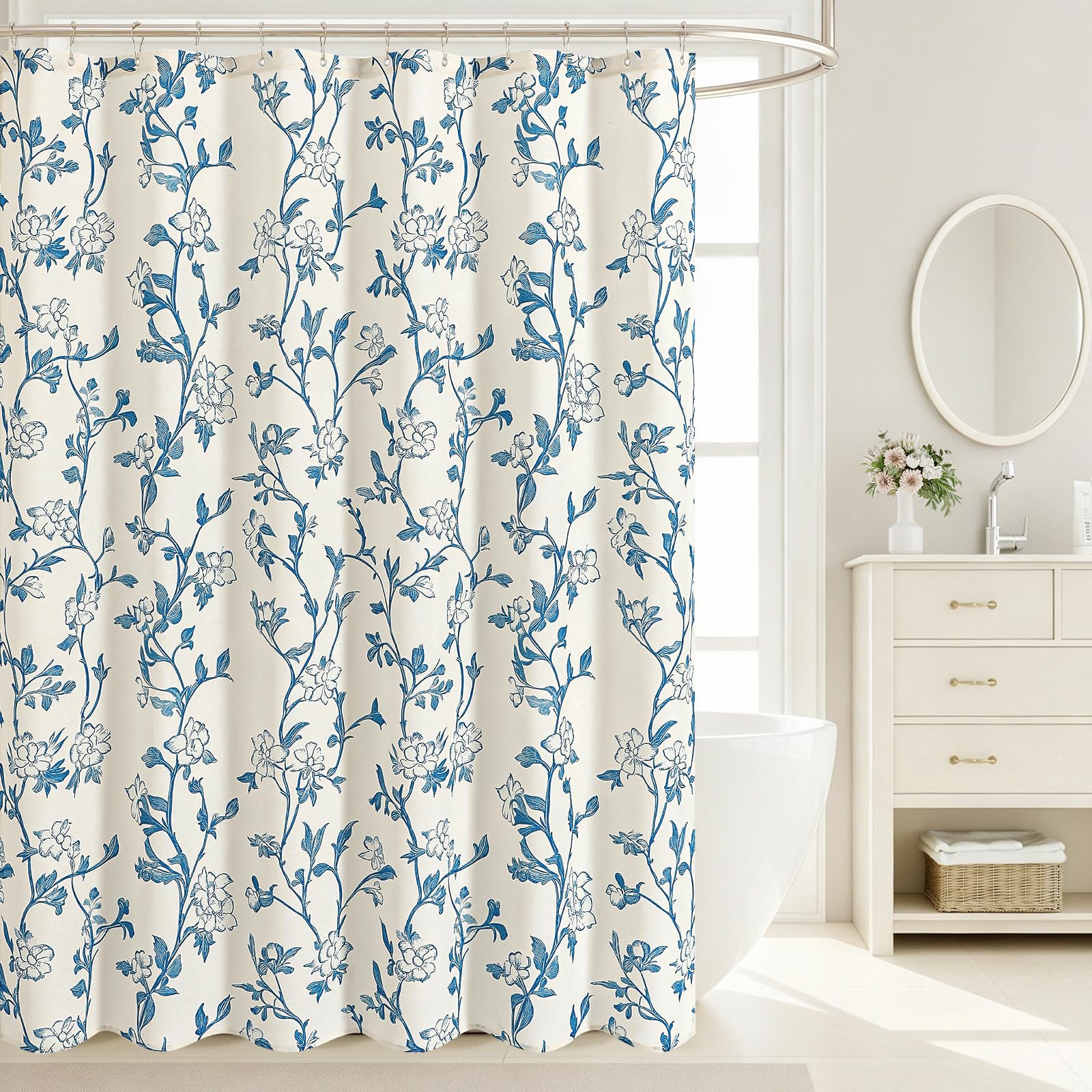 Blue Floral Cotton Shower Curtain, Cottage Farmhouse Fabric Curtain, 72x72