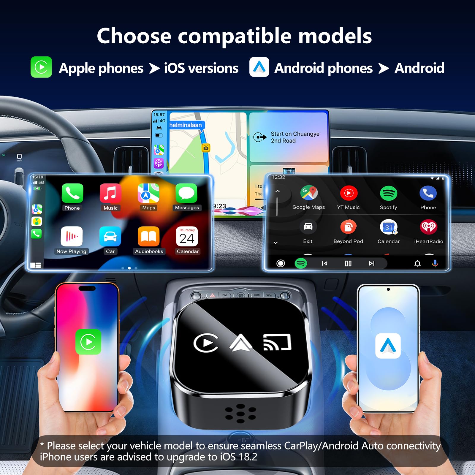 auvstar 2026 Upgraded mit Mirror Link, 3 in 1 CarPlay & Android Auto Wireless Adapter für iOS 11+/Android 11+,USB/Type-C Adapter,Unterstützt Alle Fahrzeuge mit Kabel-CarPlay AB 2016
