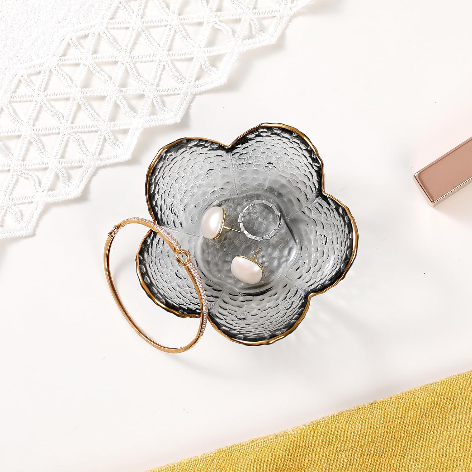 Grey Flower Jewelry Dish Glass Ring Dish Jewelry Tray Cute Vanity Organizer Room Decor Aesthetic Nightstand Bathroom Decor Trinket Dish Ring Holder Dish House Warming Gifts Stocking Stuffers for Women