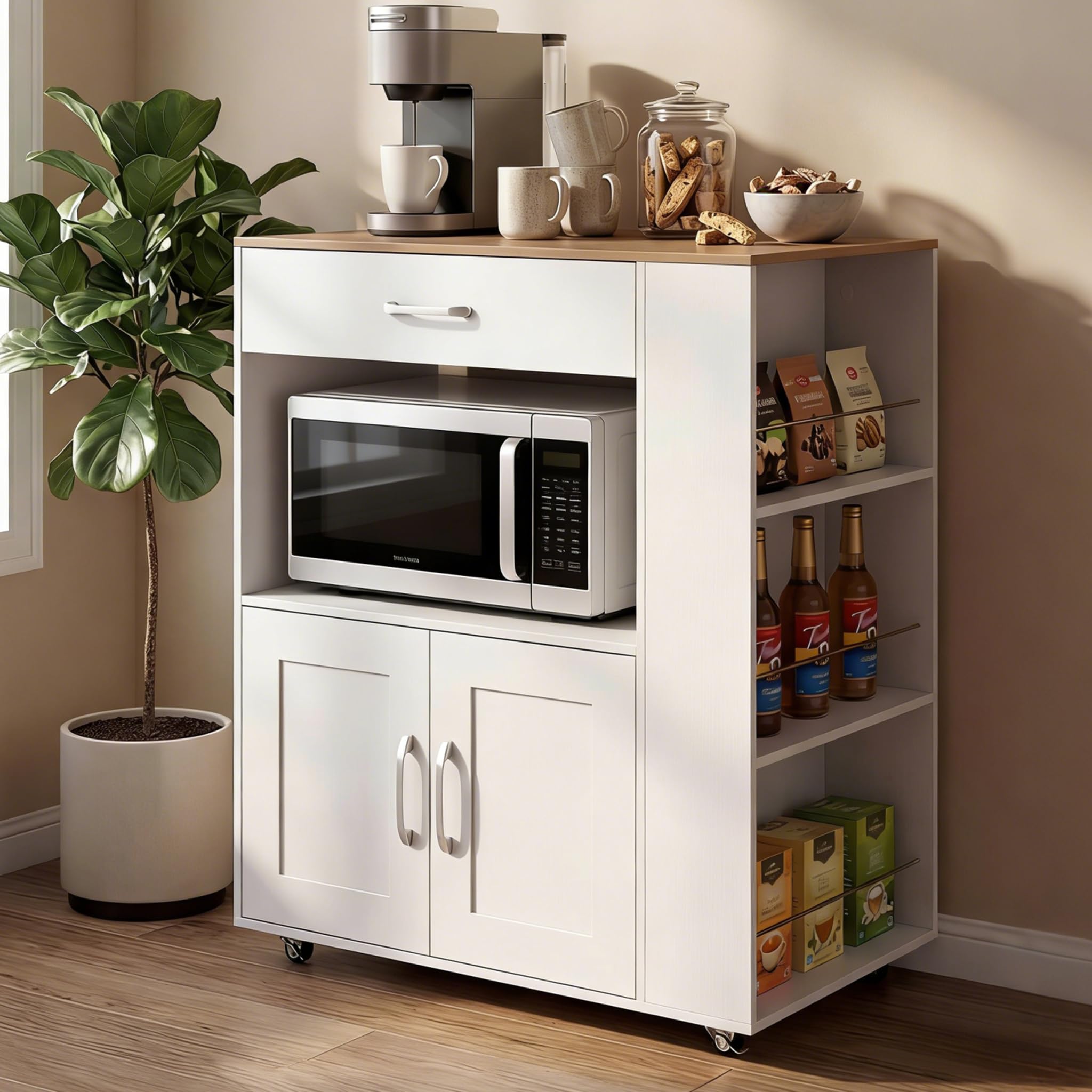 RELAX4LIFE Carrello Cucina Salvaspazio con Ruote PU 38mm, Cassetto e Armadio 2 Ante, 3 Ripiani Portaspezie Laterali, Piano Largo 75x46cm e Sottopiano Aperto per Microonde, Capacità 105kg