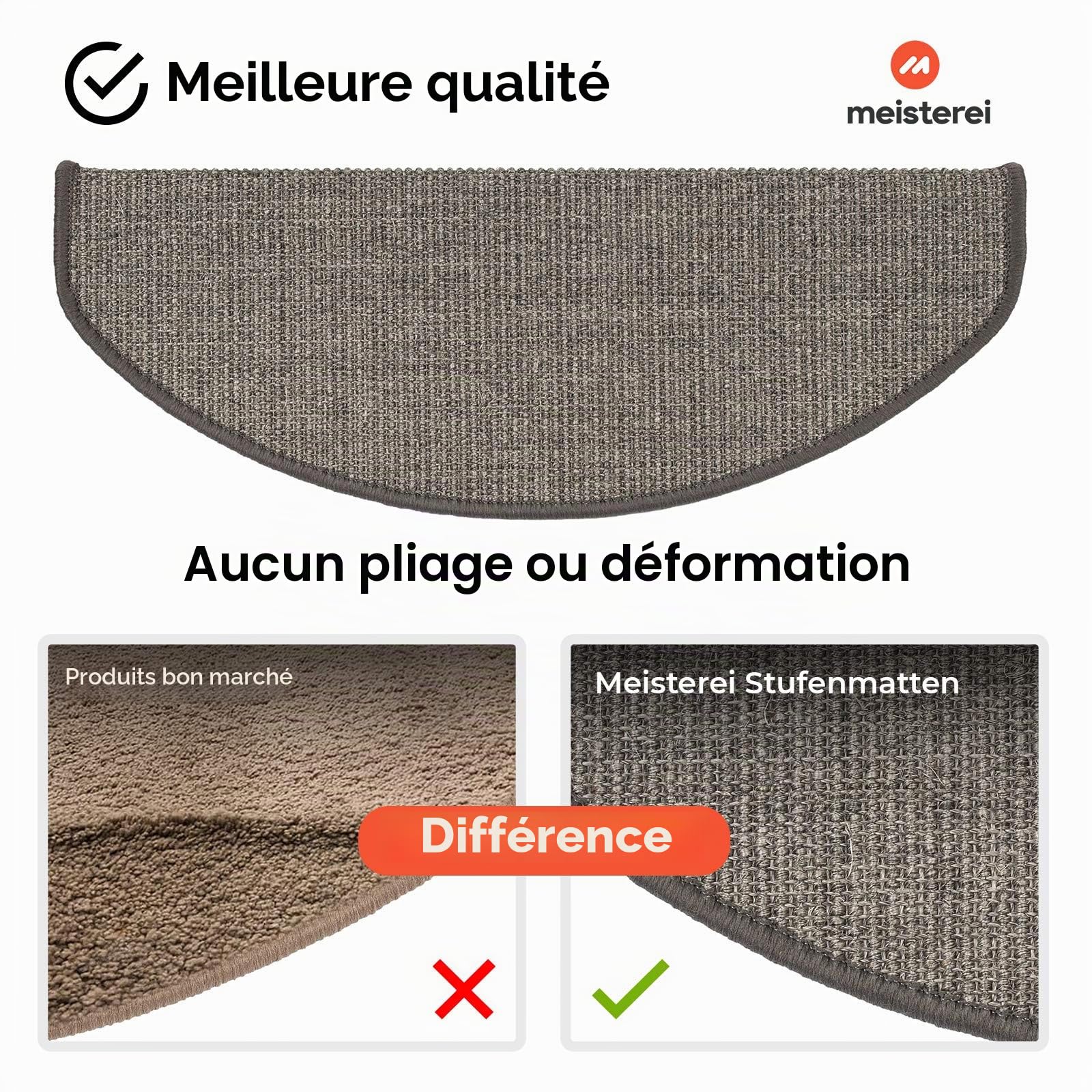 Floordirekt Tapis d'escalier en sisal à l'intérieur, Gris, Semi-Circulaire, pour escaliers en Bois, antidérapant, Auto-adhésif et hypoallergénique, 65 x 23,5 cm