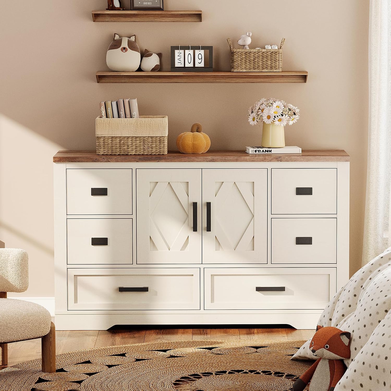 WAMPAT Modern Farmhouse Baby Dresser with Barn Door Cabinet, Wood Nursery Dresser Storage Organizer for Kids' Bedroom,Nursery Room,Hallway,Cream White