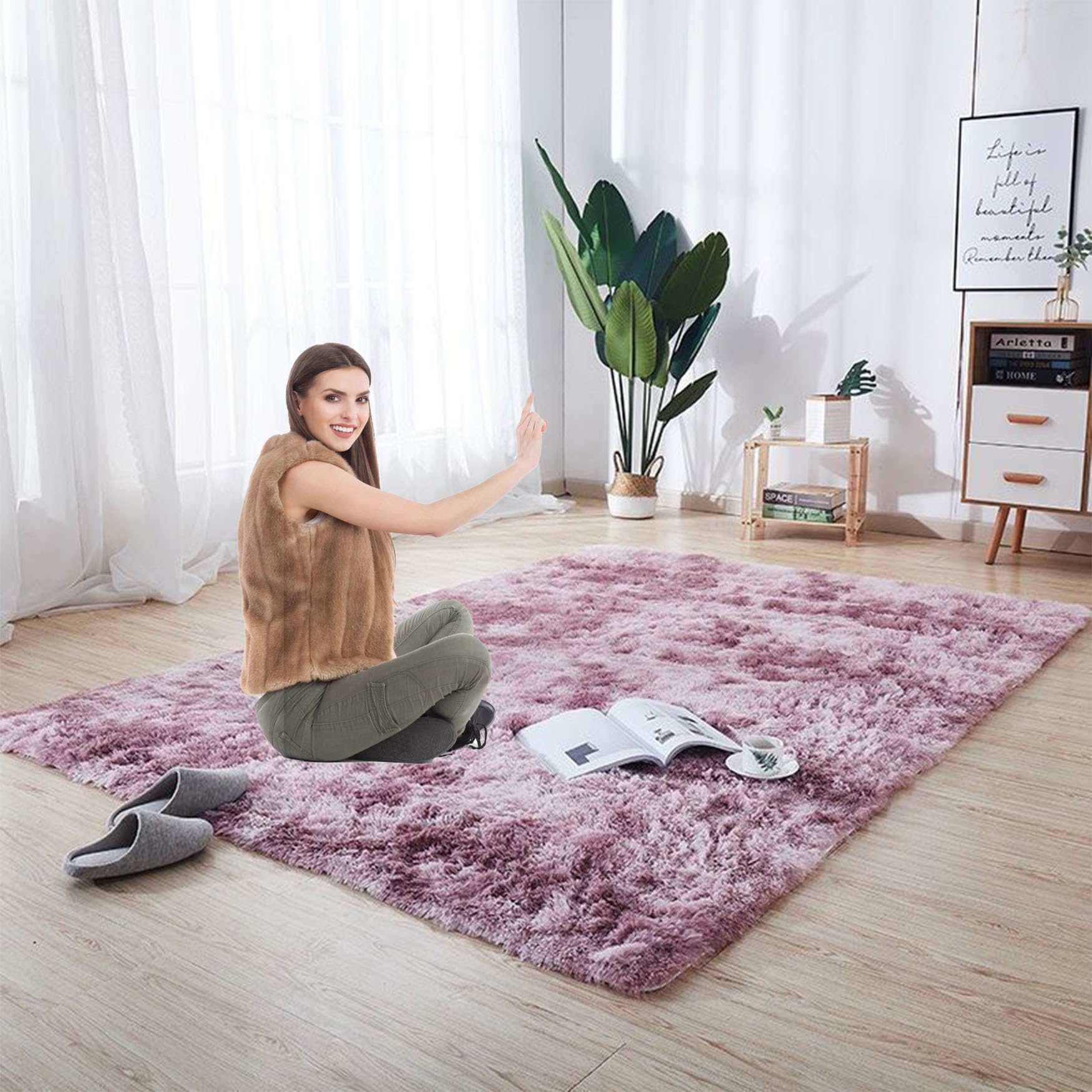 Tapis de salon 50x140 cm rose antidérapant et super doux shaggy