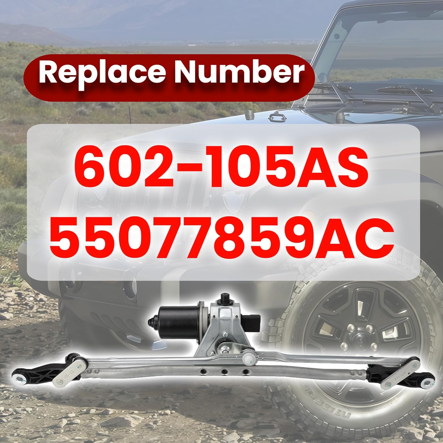 ‌Front Windshield Wiper Motor Replacement Assembly Compatible with Jeep Wrangler JK JL 2007 2008 2009 2010 2011 2012 2013 2014 2015 2016 2017 2018 602-105AS 55077859AC