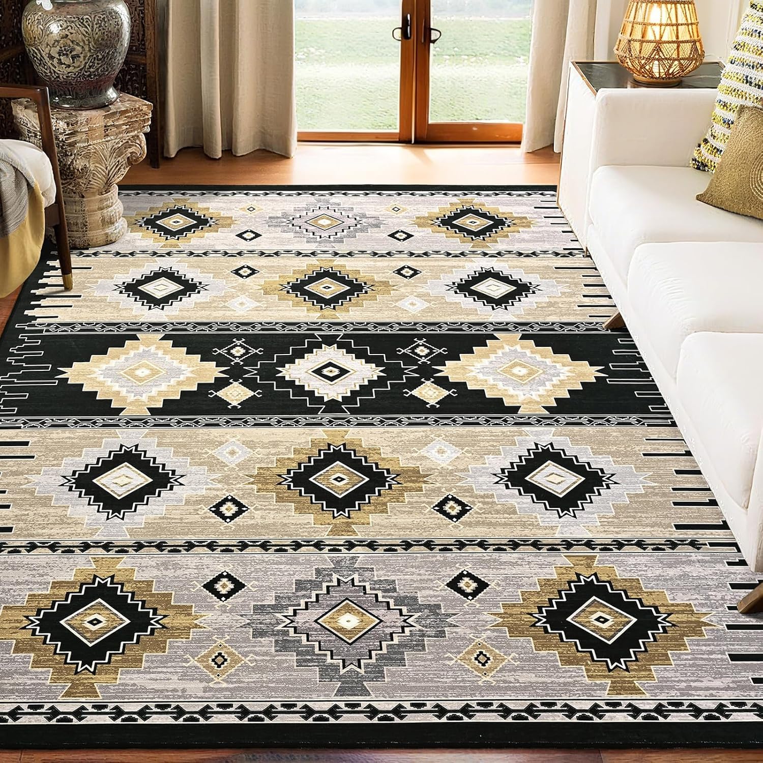 Tappeto Salotto Grandi 160 x 230 cm Tappeto Corridoio Antiscivolo Morbido Pelo Corto Tappeti per cucina Pranzo Soggiorno Camera da Letto Geometric Black Beige Gray Gold