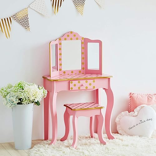 Miniatura 20 de Teamson Kids Juego de tocador con espejo y taburete, escritorio de maquillaje para niños con espejo para niñas pequeñas, tocador de madera para