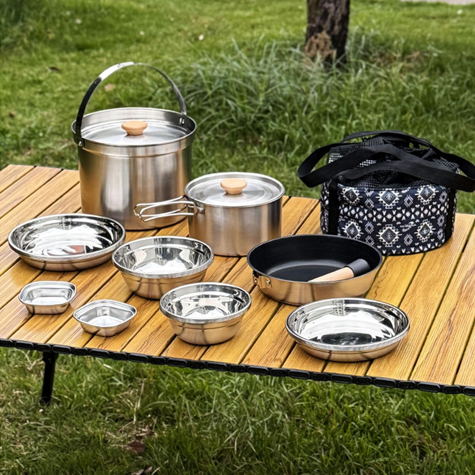 GOLOVENLD Stainless Steel Cookware Set Frying Pans and Storage Bag Cooking Tool Set Suitable for Camping and Outdoor Cooking