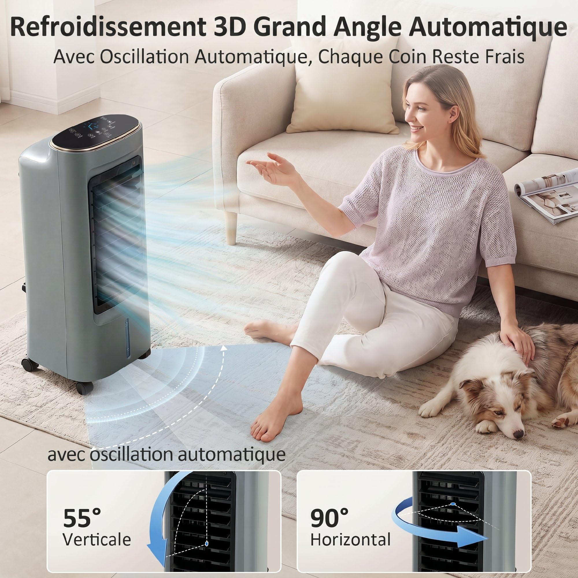 HOMCOM Refroidisseur d'air mobile 4 en 1 humidificateur, purificateur et ventilateur, oscillation 90°, 3 vitesses, 3 modes, réservoir d'eau 6L, packs de glace, télécommande, pour chambre bureau, gris