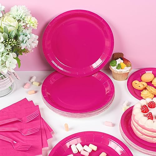 Miniatura 4 de Juego de 100 platos y servilletas de papel de color rosa intenso, vajilla de fiesta rosa intenso, platos desechables y servilletas para bodas,