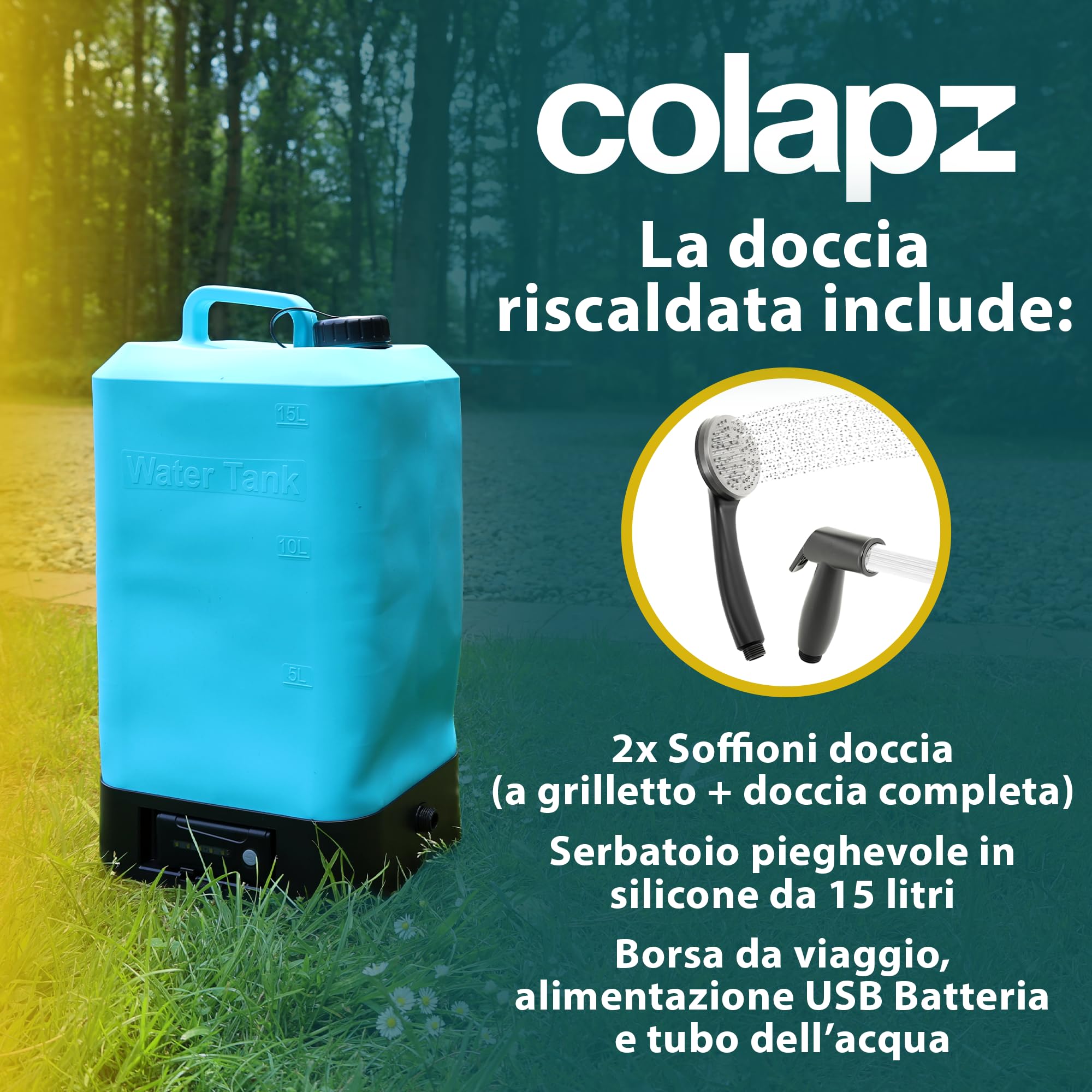 Colapz Doccia da Campeggio Elettrica Portatile con Batteria & Serbatoio 15L – Doccia Esterna Riscaldata Fino a 42 °C – Mobile per Camper, Van, Viaggi, Festival, Trekking & Giardino