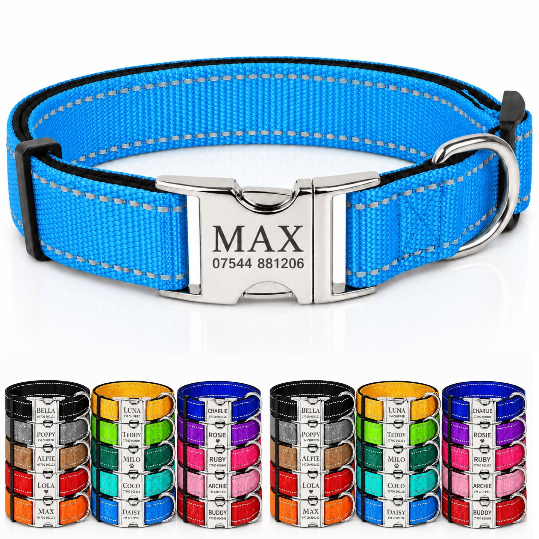 Personalised Pet Nylon Collar Custom Reflective Dog Collar Deeply Engraved In UK Name and Phone Number Adjustable Soft Collar Padded Collar For Small Medium Large Dogs Cats Sheep for Night Walking