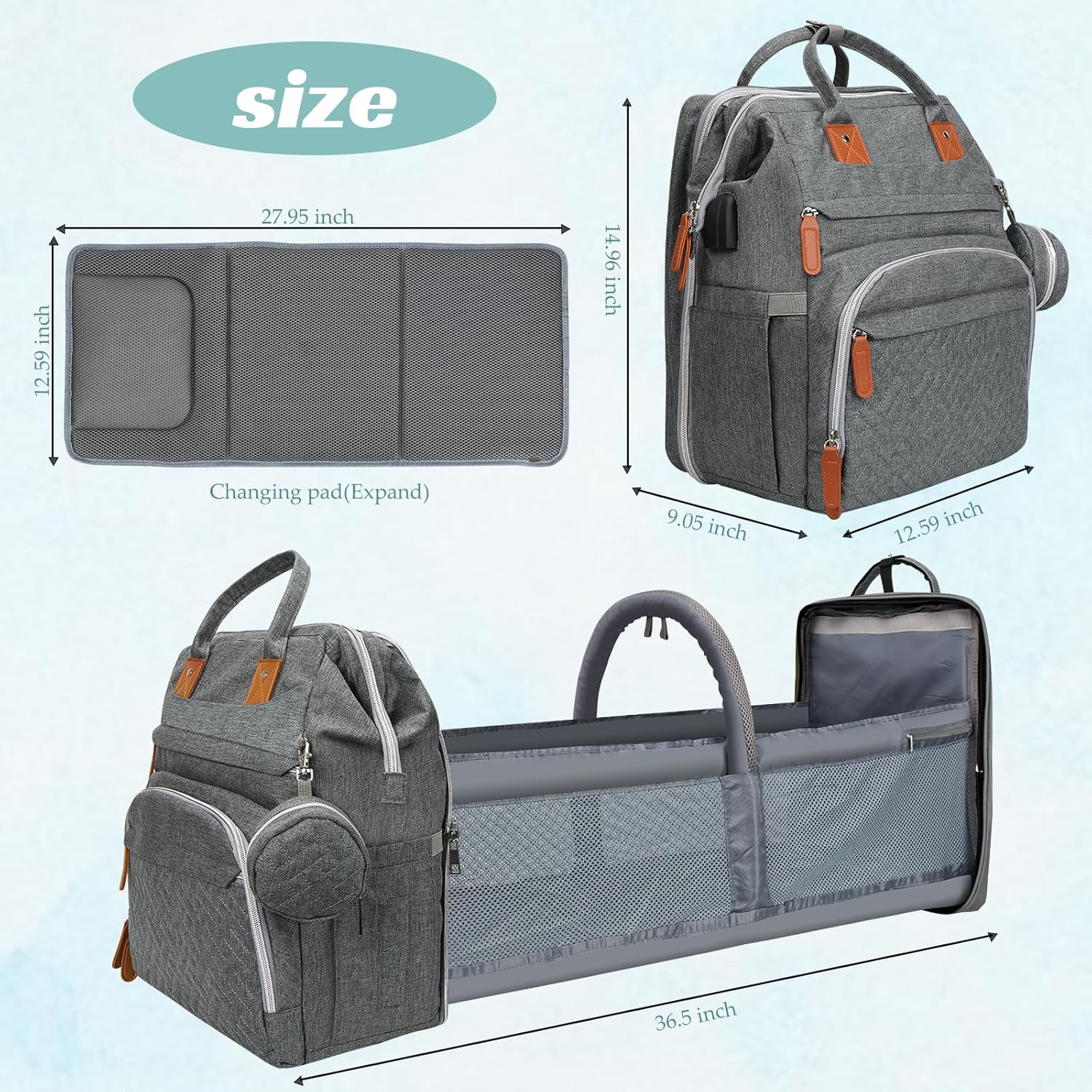 Diaper Bag Backpack for New Parents, Large Capacity Baby Travel Bag with Bottle Holders, Multiple Compartments (Grey)