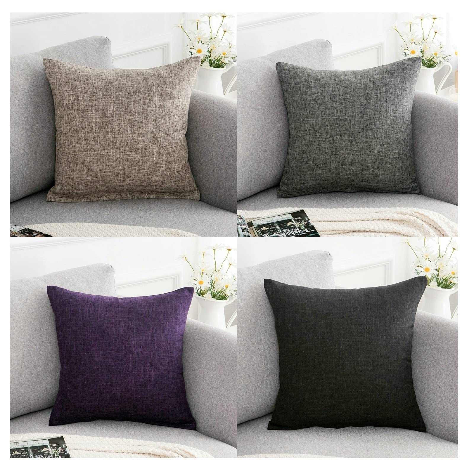 Wycian Federa per cuscino in lino, 45 x 45 cm, 4 pezzi, grigio, nero, viola, quadrata, tinta unita, decorazione per camera da letto, soggiorno, divano, ufficio