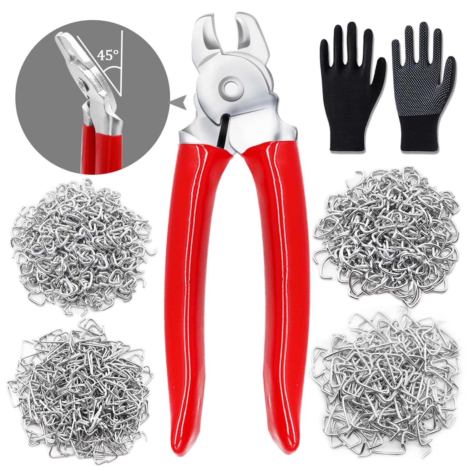 Ruibapa 500 PCS Hog Rings with Bent Hog Ring Pliers Kit 1" 3/4" 1/2" 3/8 "Galvanized Hog Rings for Animal Pet Cages、Ropes、Bagging、DIY Craft、Furniture