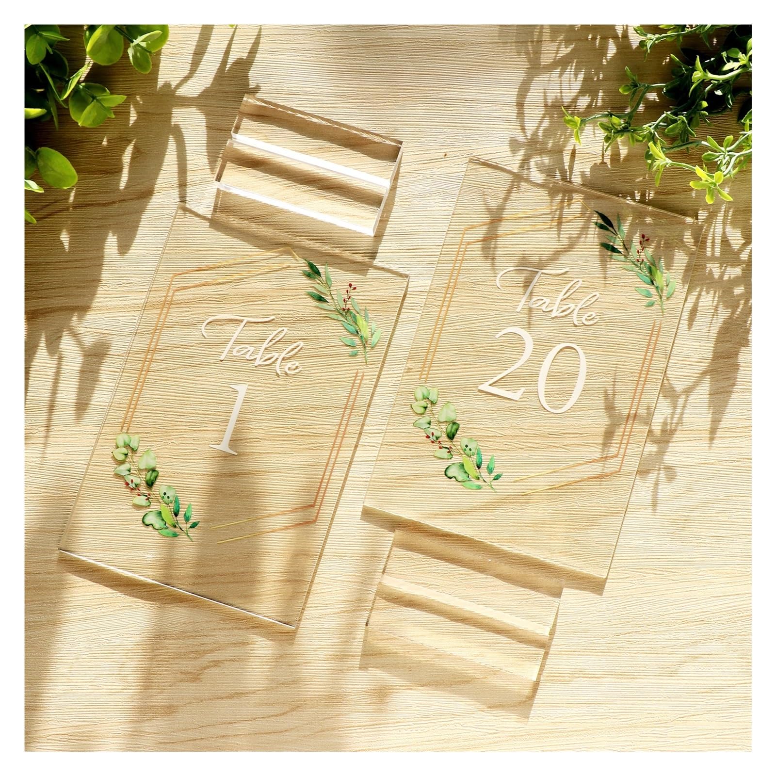 Tischkartenhalter Tischnummern for Hochzeiten, 1–20, mit Ständern, Goldrand, grünes Blumenmotiv, for Hochzeitsempfang, Jahrestag, Brautparty(10 pack)