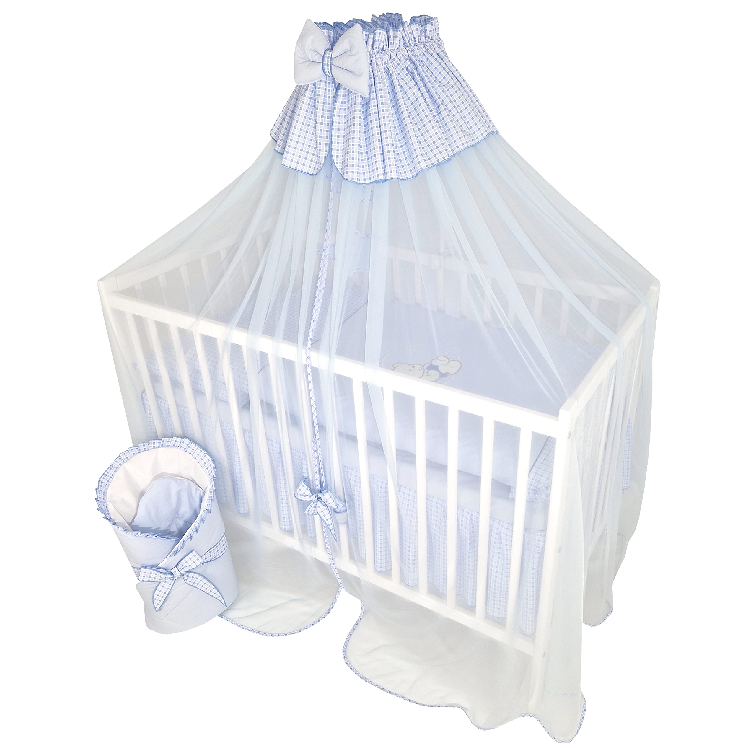 13 Teiliges Babybett Kinderbett und Bettwäsche komplett Set Timmi inkl. Matratze höhenverstellbar für Neugeborene Babys und Kleinkinder aus Massivholz Bestickt (Teddybär Mond Blau)