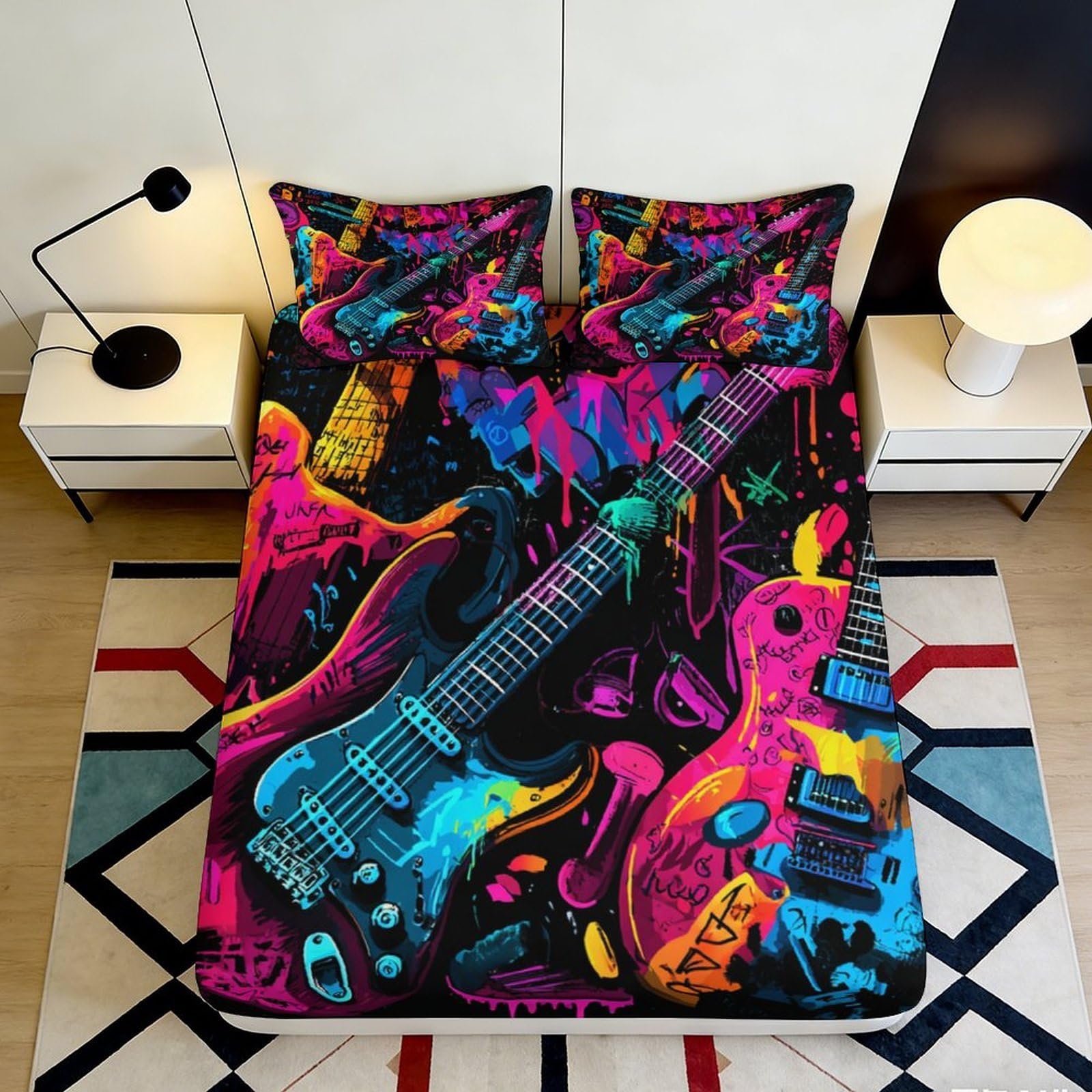 Uxinyoume Style-7 3D Printed Electric Guitar Fitted Sheet Microfiber Neon Musician Mattress Cover Anti-Slip Machine Washable Bedroom Decor 90X200x25cm
