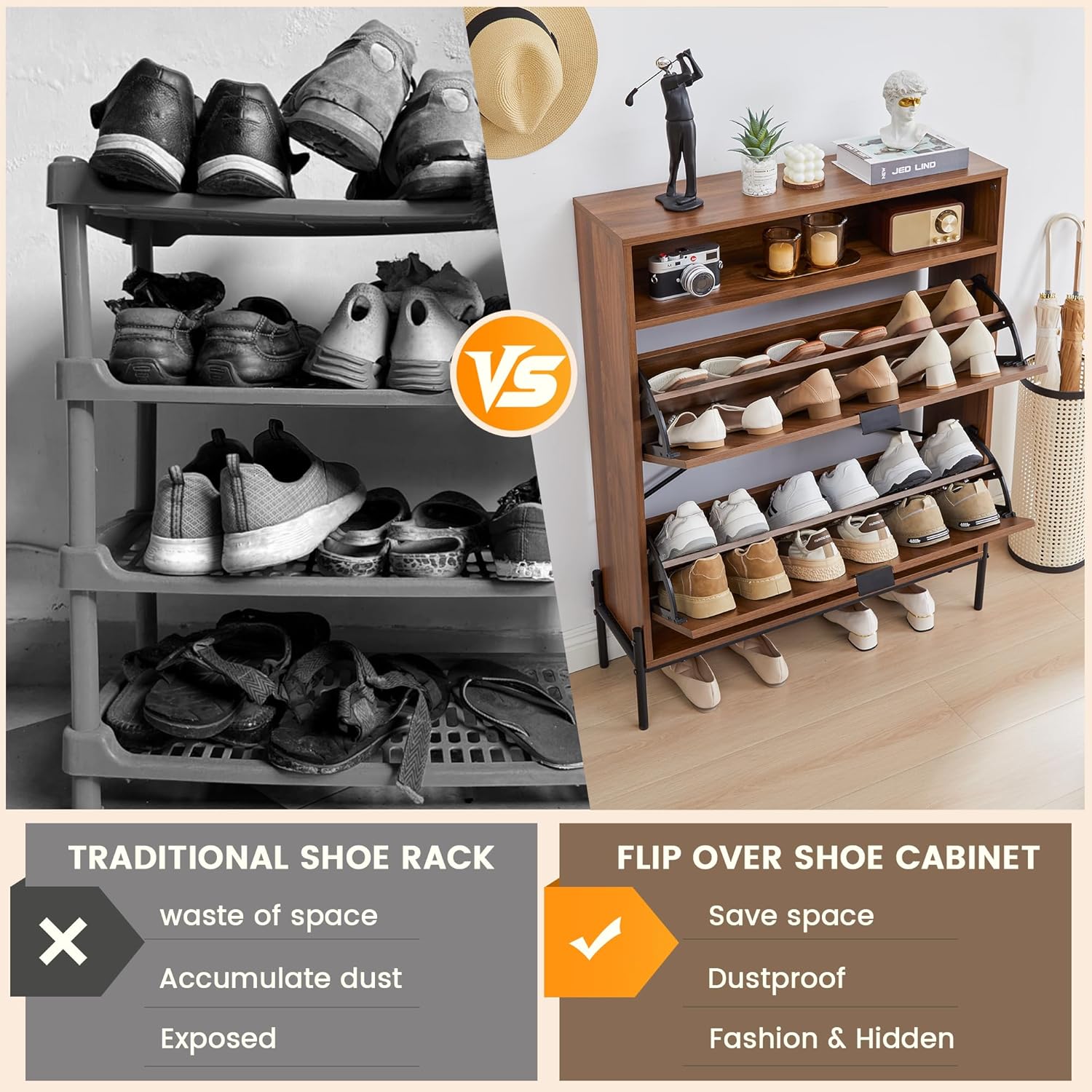 Fluted Shoe Cabinet with 2 Flip Drawers, Narrow Shoes Storage Organizer Rack with Circle Design Panel for Entryway Hallway (Walnut)