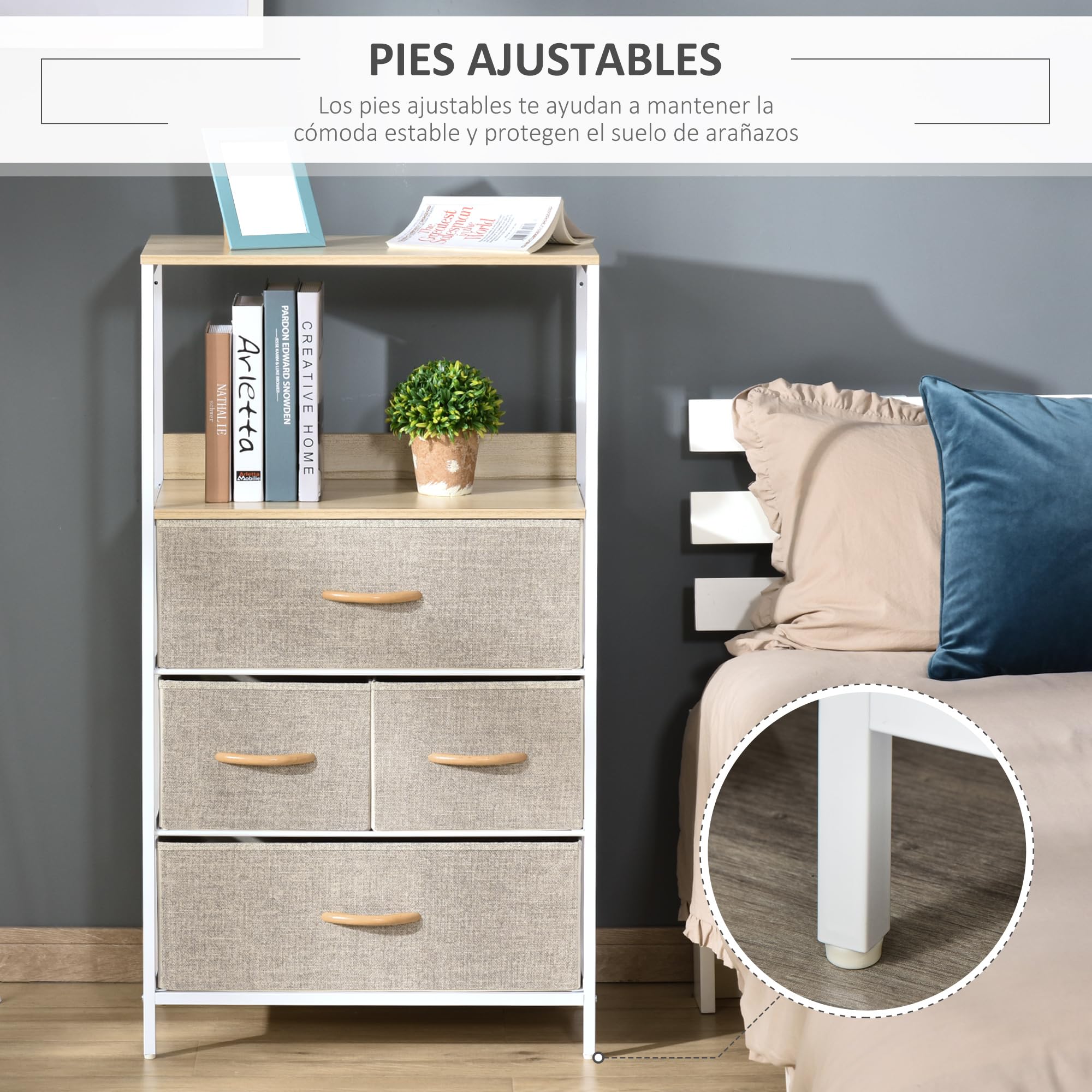HOMCOM Cómoda con 4 Cajones Cajonera de Tela Compartimento Abierto Gris | Estructura Metálico, Dormitorio, Pasillo