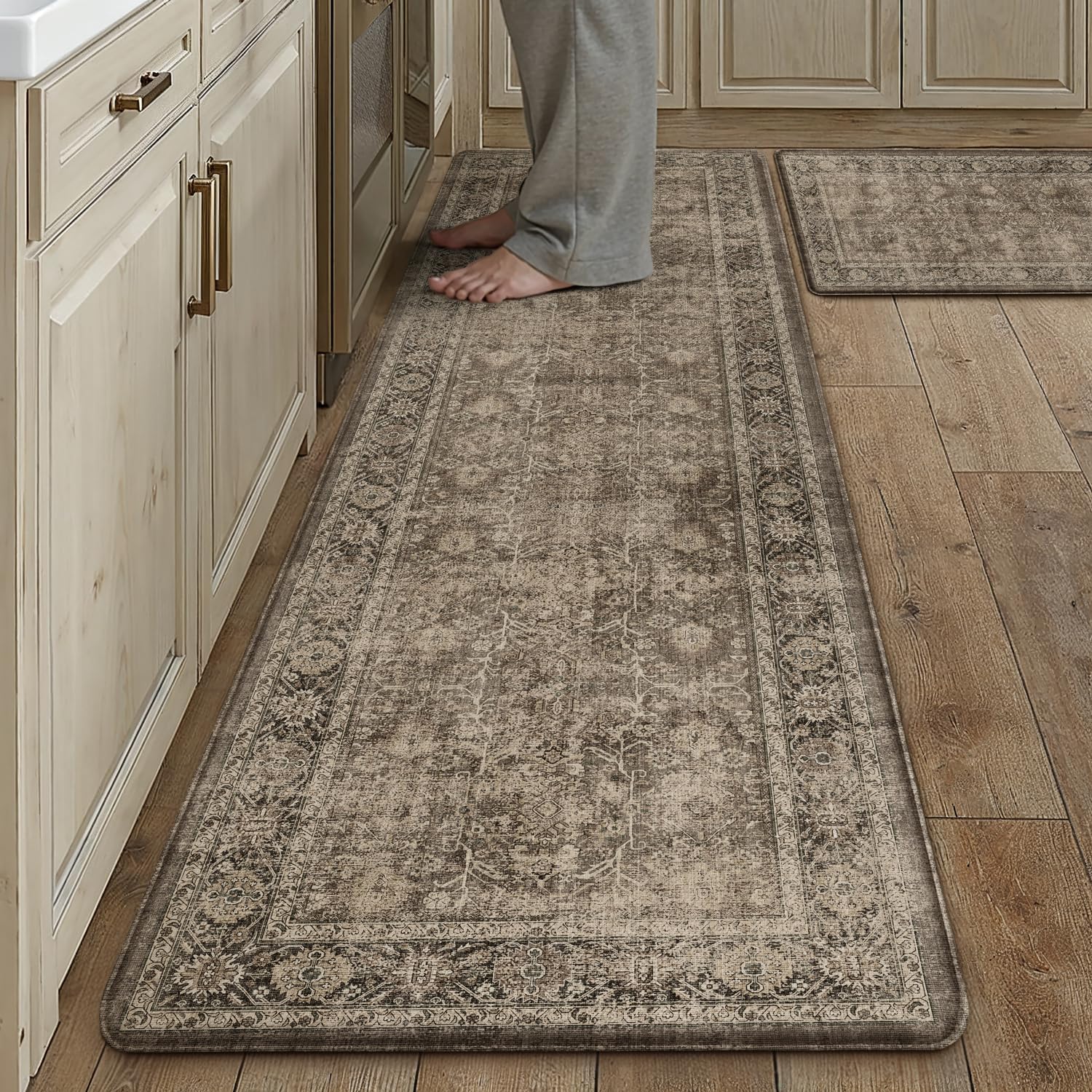 Kitchen Mats 2PCS Anti Fatigue Cushioned Mat Beige Vintage Kitchen Mats for Floor Waterproof Non Slip Comfort Standing Oriental Medallion Rug for Sink Laundry Office 17.3"x47"+17.3"x30" — view 19