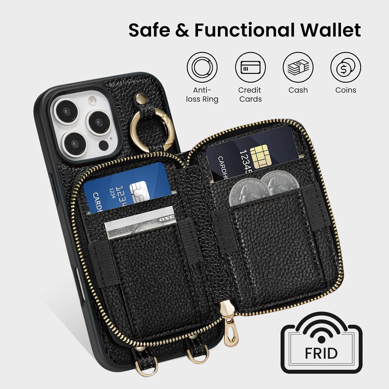 ORNARTO Magnetic Detachable Wallet Case for iPhone 16 Pro Max, [Compatible with MagSafe], Crossbody Wallet Case with Card Holder Wrist Strap, RFID Blocking PU Leather Wallet Phone Cover 6.9", Black