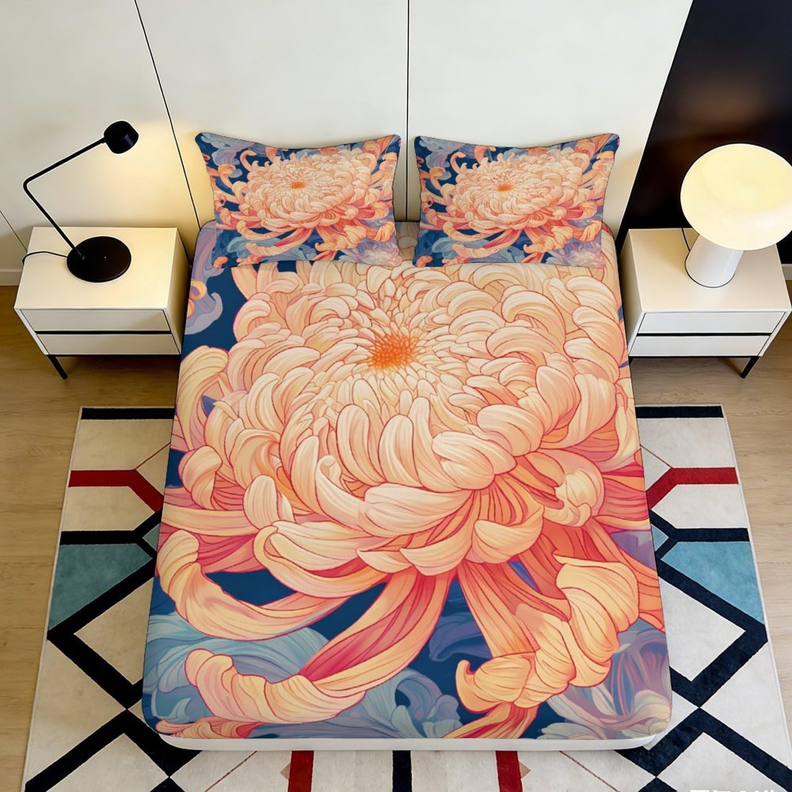 Pnayamiorkfel Style-2 3D Printed Chrysanthemum Blossom Fitted Sheet Microfiber Soft Decorative Floral Bed Sheet For Bedroom Guest Room Dustproof 90X200x25cm