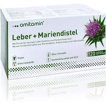amitamin&copy; Leber + Mariendistel | plus Artischocke, L&ouml;wenzahn, Cholin | 120 Kapseln f&uuml;r 4 Monate | Cholin f&uuml;r den Stoffwechsel