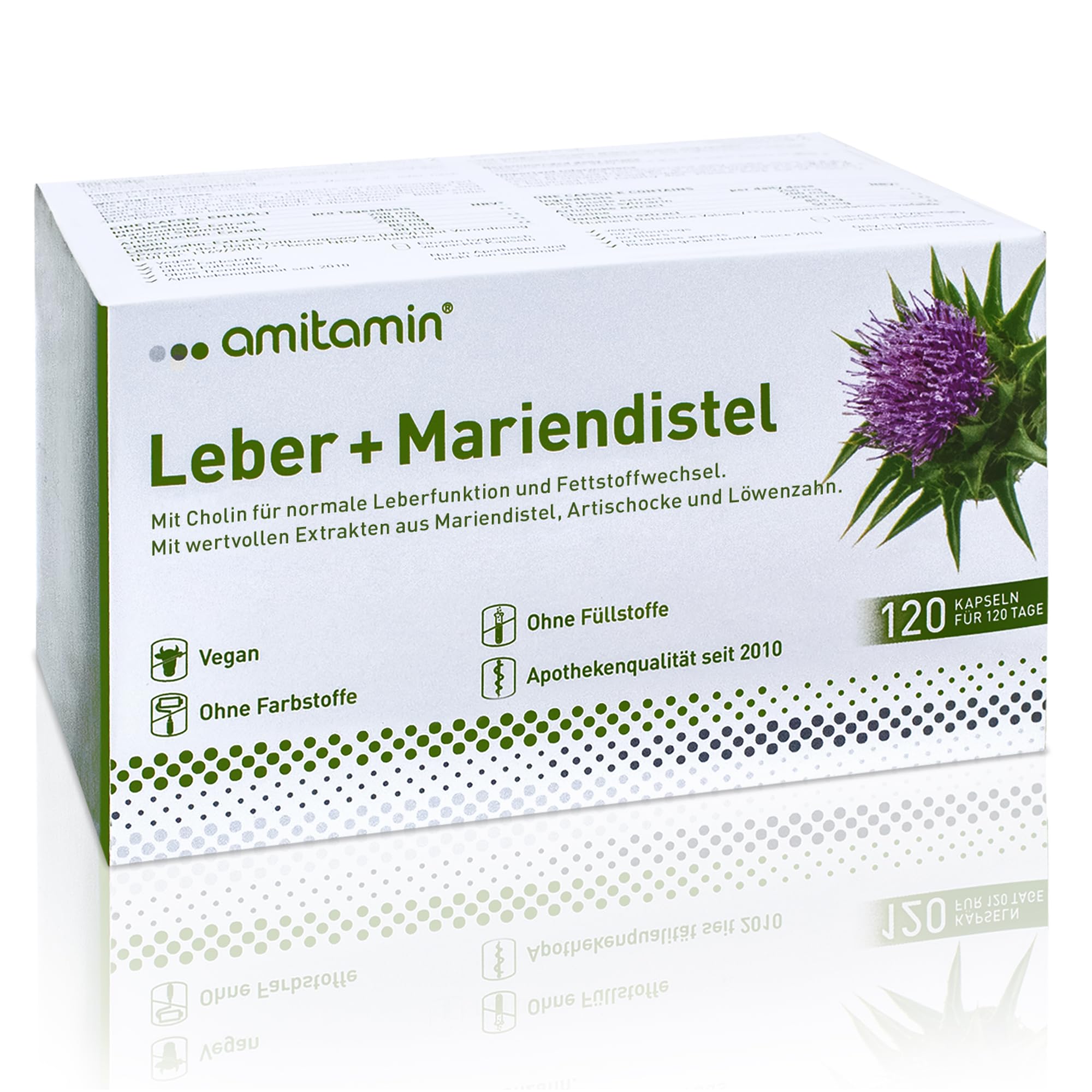 amitamin Leber + Mariendistel Komplex | Kapseln hochdosiert | Artischocke, Löwenzahn plus Cholin für den Stoffwechsel | 120 Kapseln - 4 Monate | Silymaringehalt 80% | deutsche Herstellung | vegan