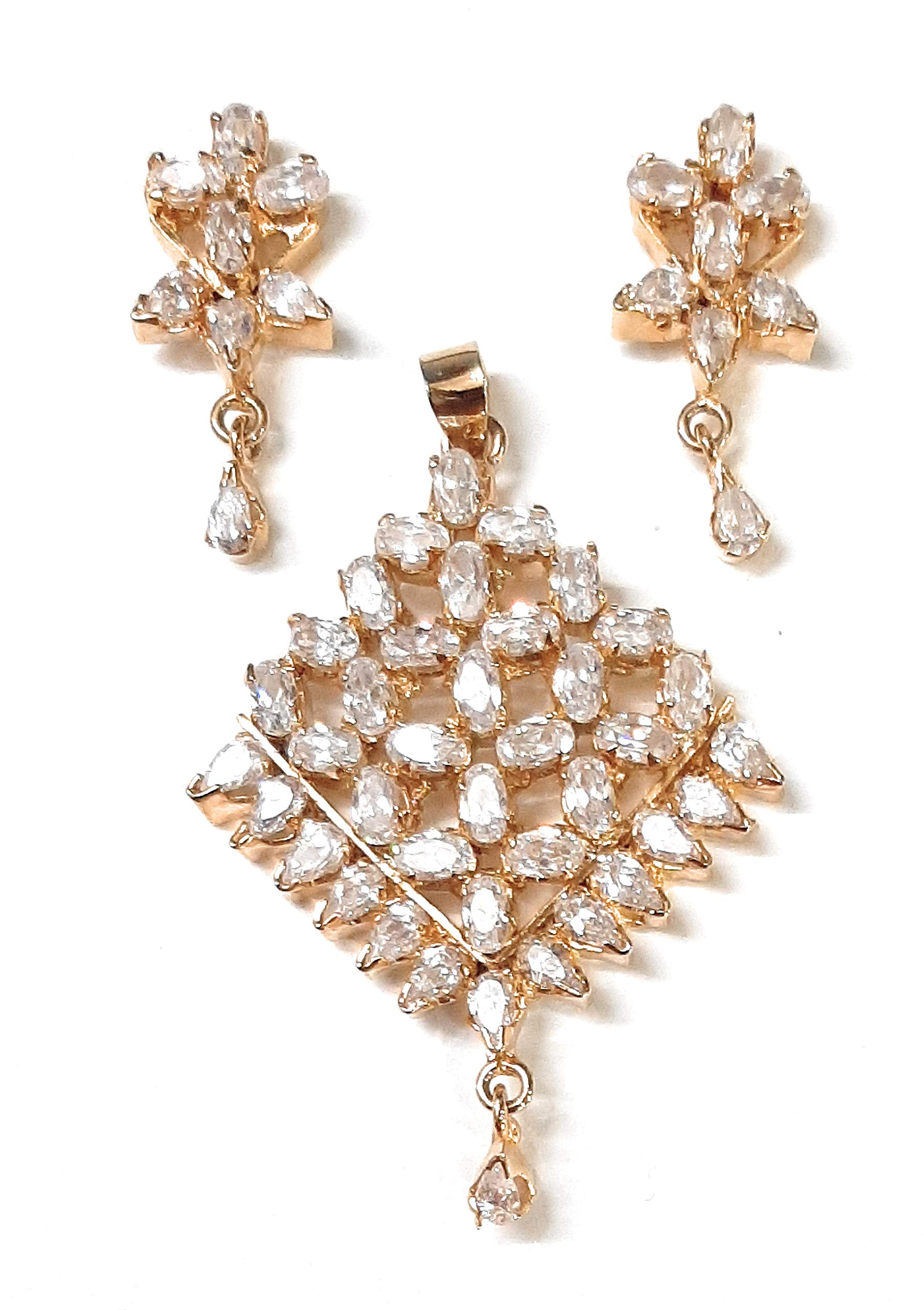 Moteeya oval and pear shaped white american diamonds in square locket set for women with matching earrings gold platted with gold platted chain