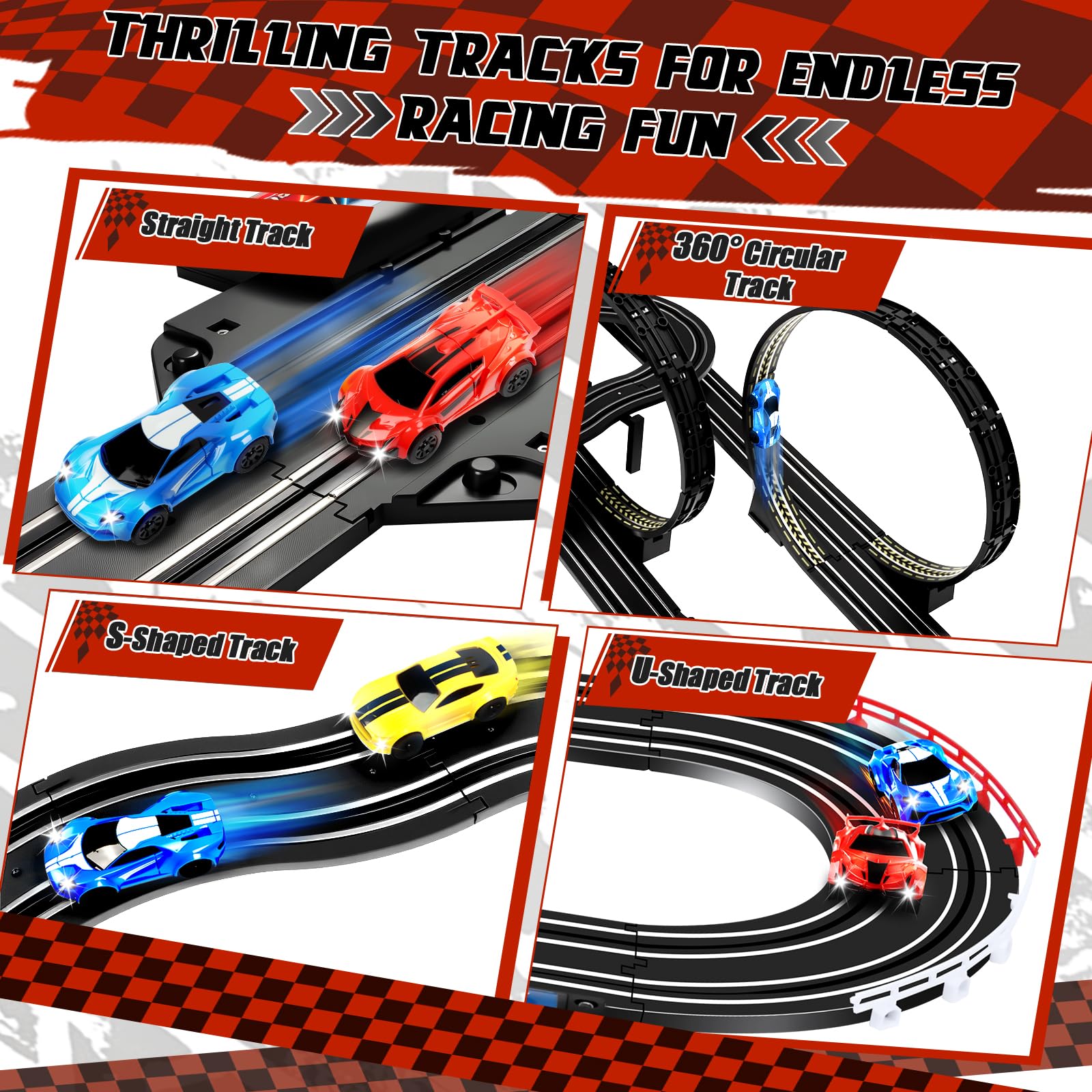 IEEILULU Pista Carreras Electrica, 1:64 Pista Coches Niños con 4 LED Coches Contador Vueltas Bucle 360°, Extralargo Circuito Coche Juguete Regalos Niños 6+ Años (821CM)