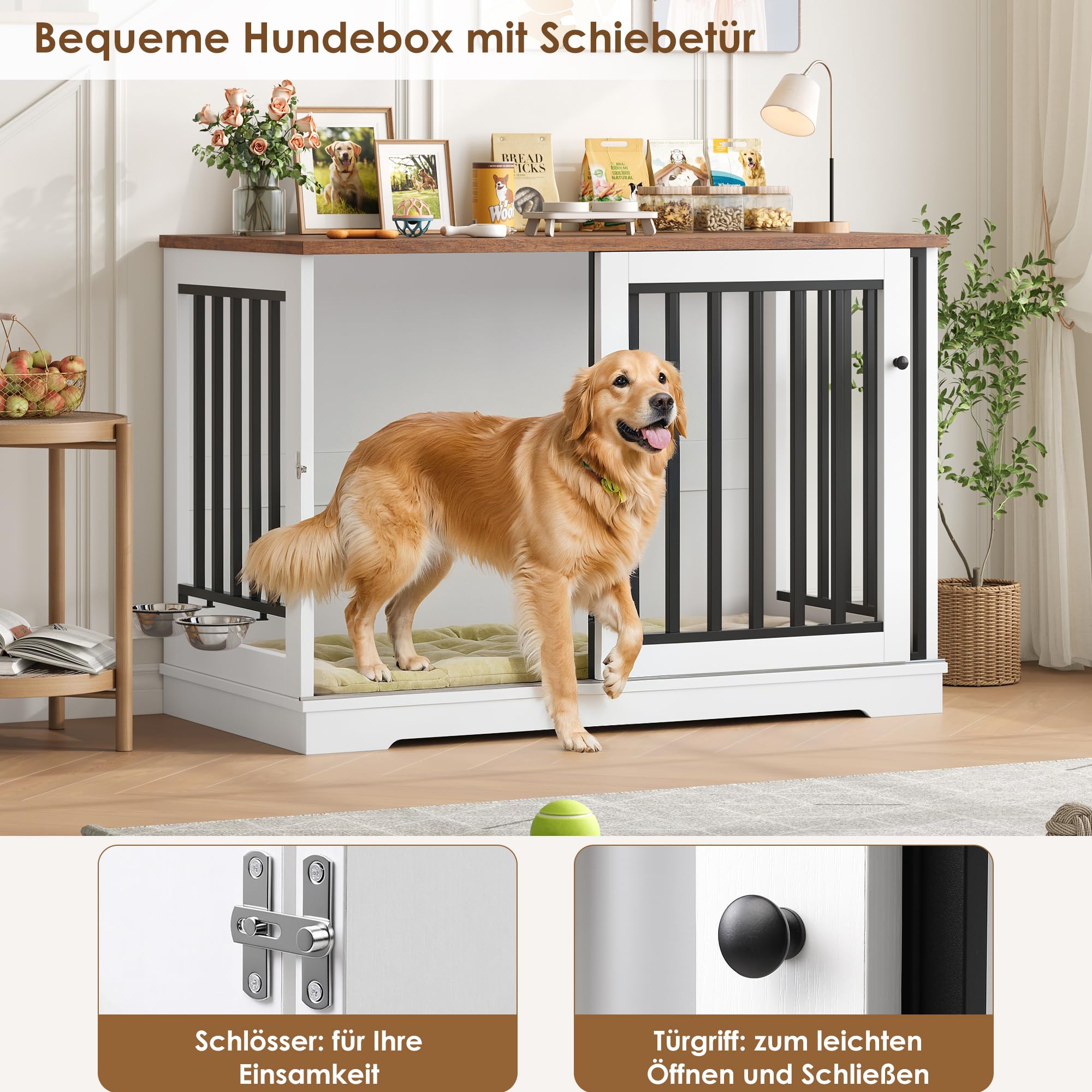 FirFurd Hundekäfig Möbel 120cm breit Hundebox für Zuhause Hundehütte XXL Hundekäfig aus Metall und Holz Hundebox für große Hunde 120 x 90 x 60 cm Braun & Weiß