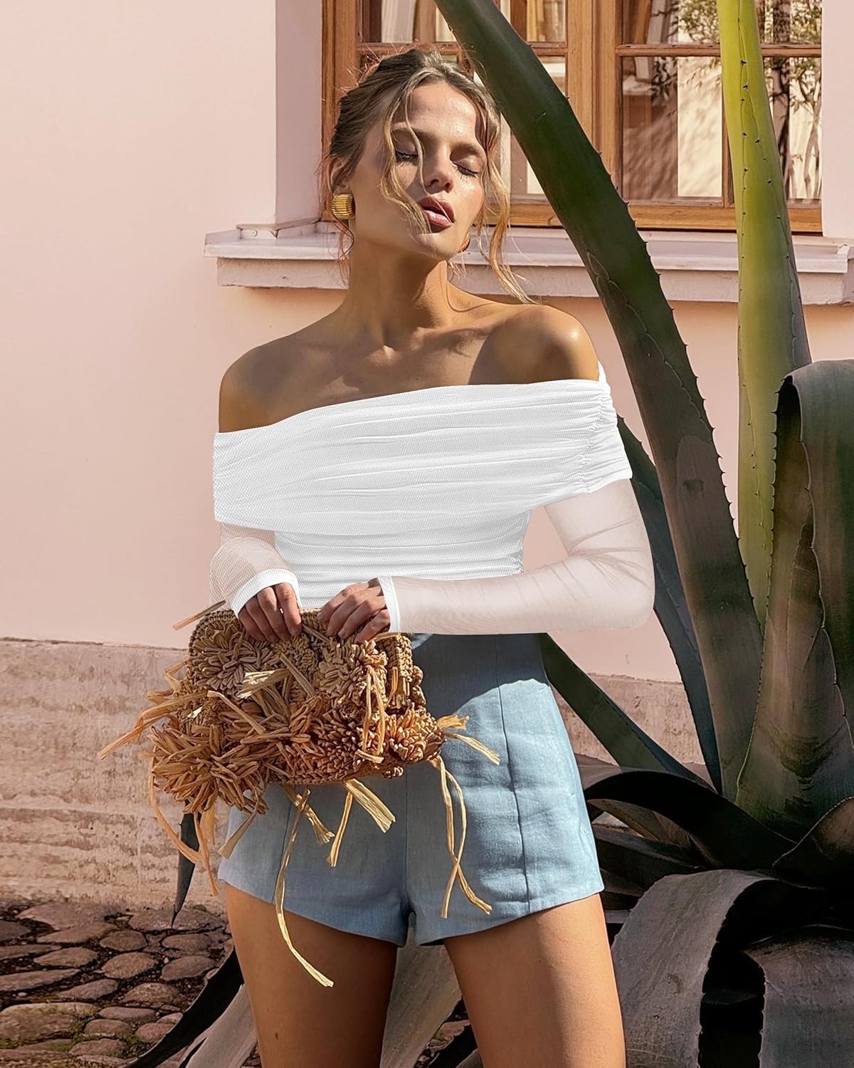 SAUNGKUAI Women's Off The Shoulder Long Sleeve Bodysuit Sexy Slimming Body Suit Tops Sheer Mesh Ruched Fall Outfits 2026 - Image 8