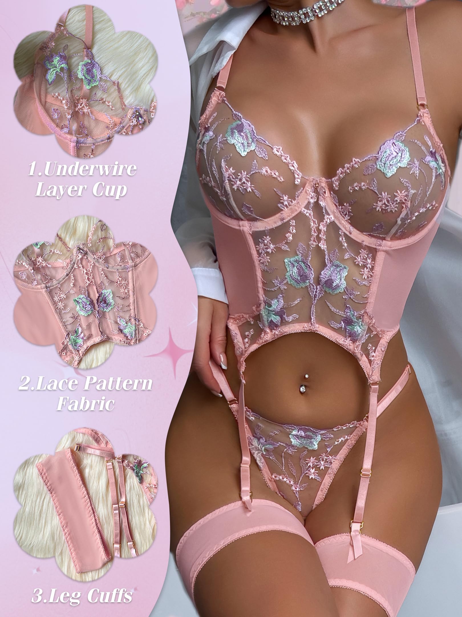 Sexy Lingerie Sets for Women Classy,Lace Womens Corset Teddy Lingerie 3 Piece with Garter Belt: Pink Small