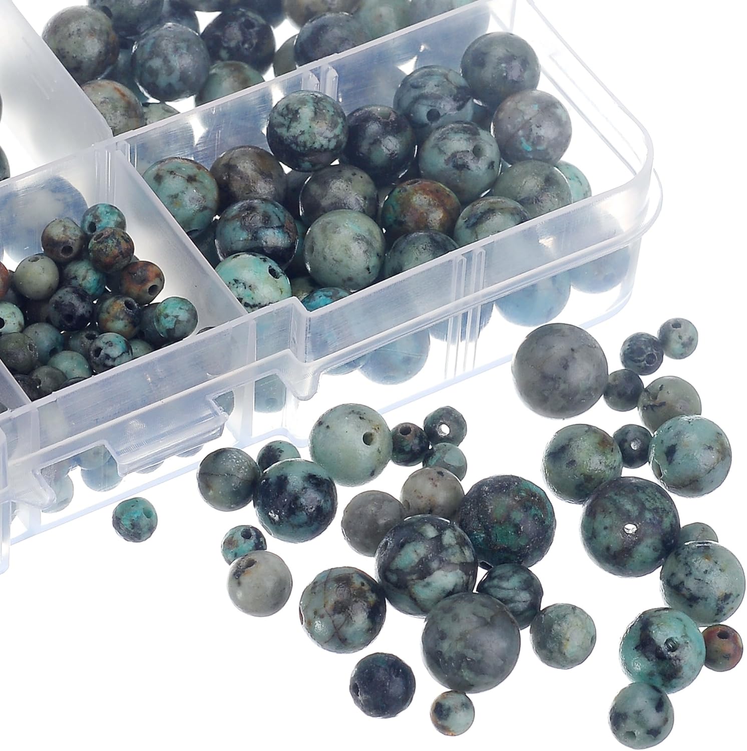 RUBYCA Natural African Turquoise Gemstone Round Loose Bead Organizer Box Jewelry Making, Mix Sizes