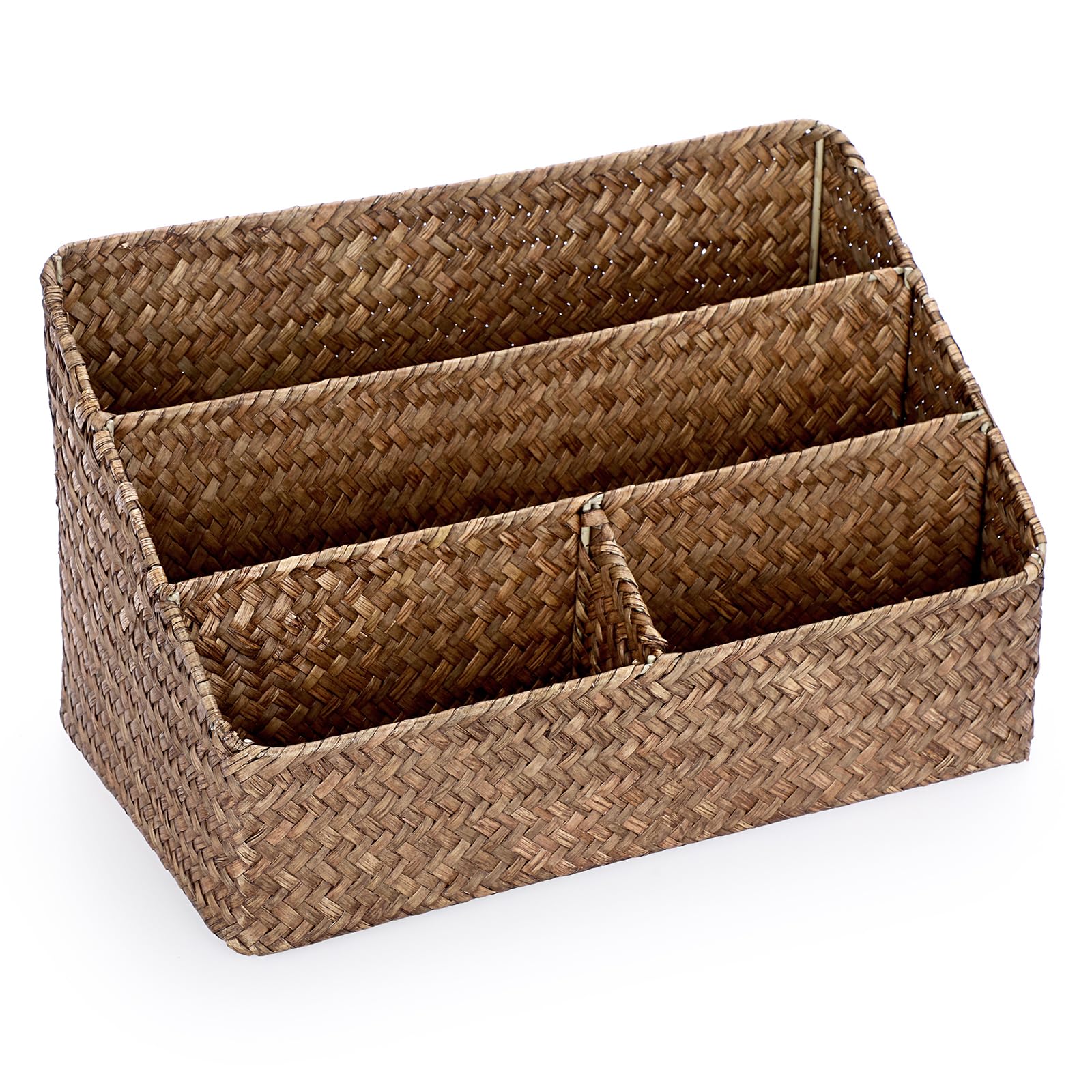 BSTKEY Natural Seagrass Desk Organizer Basket with 4 Compartments, Coffee