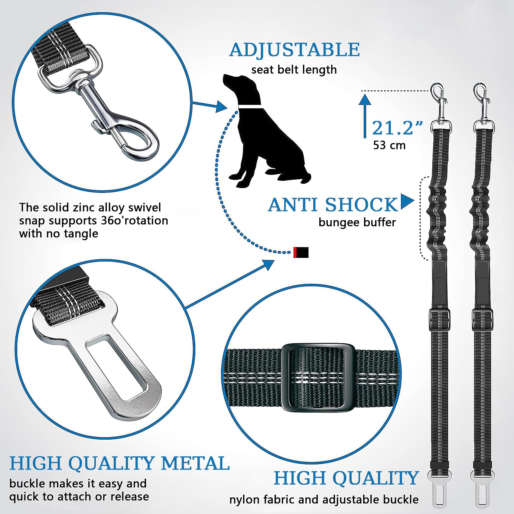 2pcs Ceinture de Sécurité pour Chien,Harnais Universel avec Mousqueton,Absorption des Chocs,Réglable,Noir,pour Tous Les Chiens et Chats