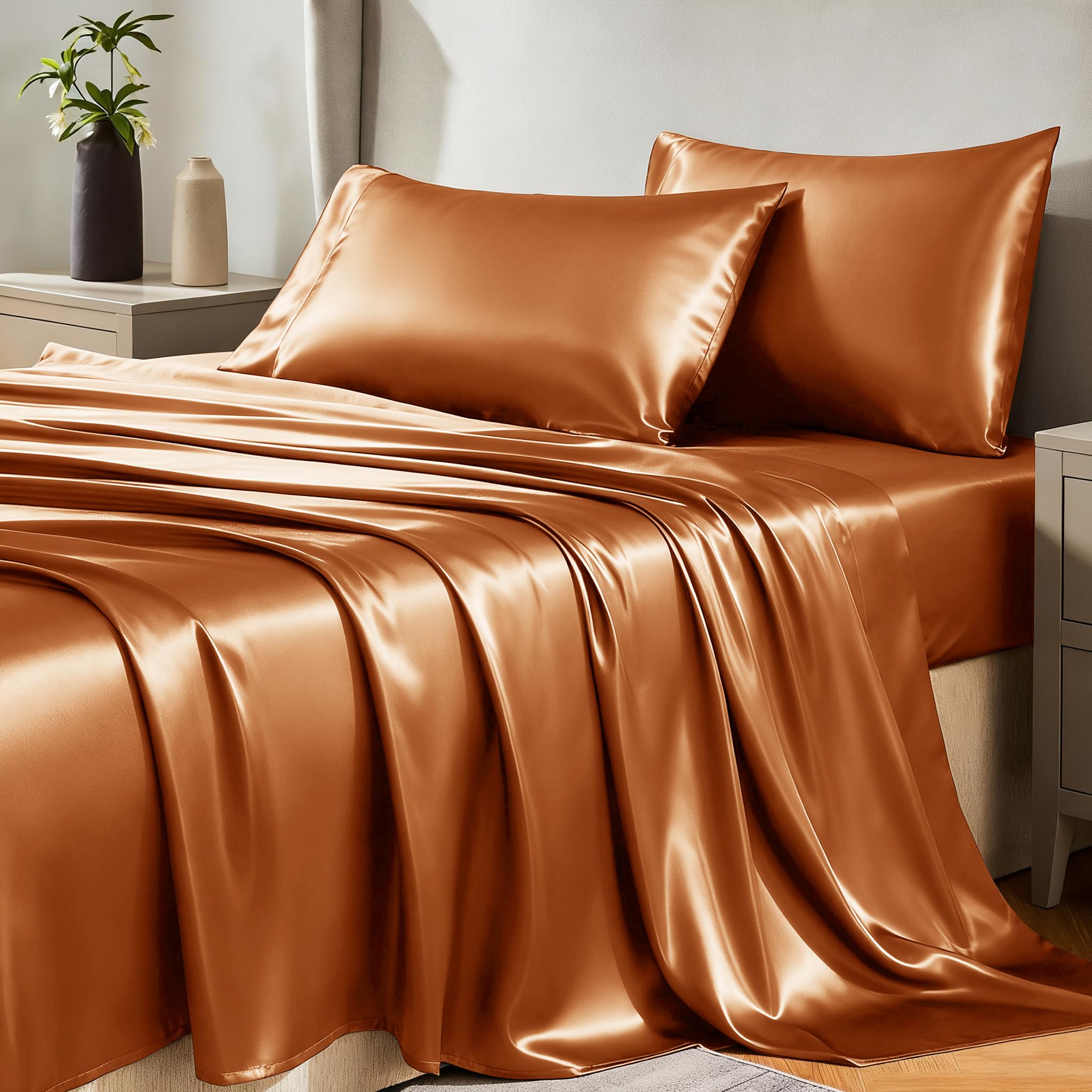 CozyLux Satin Sheets Full Size Sheets - 4 Piece Silky Full Size Bed Sheets, Luxury Terracotta Full Bed Set with Smooth and Soft Microfiber, Includes 1