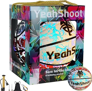 Reflective Glow-in-The-Dark Basketball - Durable Anti-Scratch Design, Perfect for Night Games, Includes Colorful Gift Box & Pump