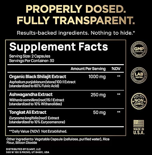 Miniatura 2 de 103,800mg Black Shilajit for Men 100x Strength w. Ashwagandha & Tongkat Ali 10% Extract - Ultra Pure Himalayan Shilajit Capsules 60% Fulvic Acid -