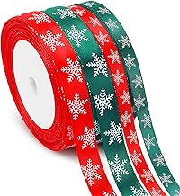 DECYOOL Christmas Ribbons, 4 Rolls 100 Yards Christmas Snowflake Ribbons for Gift Wrapping, 10mm and 15mm Wide Red and Green Satin Ribbon for Crafts, Fabric Christmas Wrapping Ribbon for Holiday