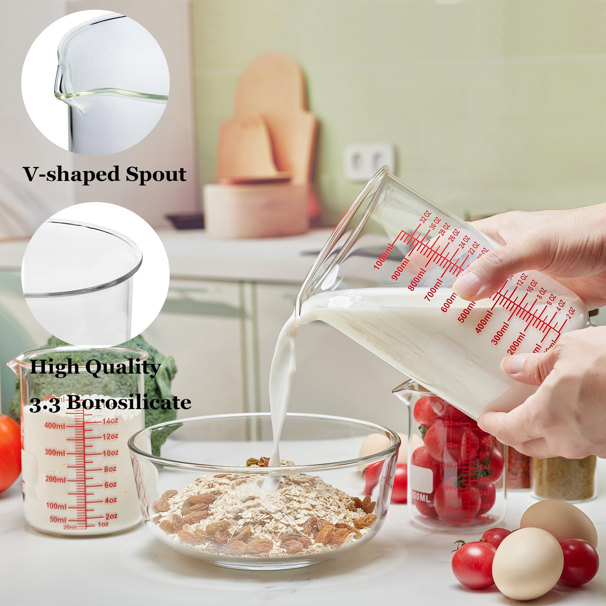 Vaso medidor de vidrio de borosilicato alto, boquilla en forma de V, 1000 ml, vaso medidor de vidrio para cocina o restaurante, fácil de leer