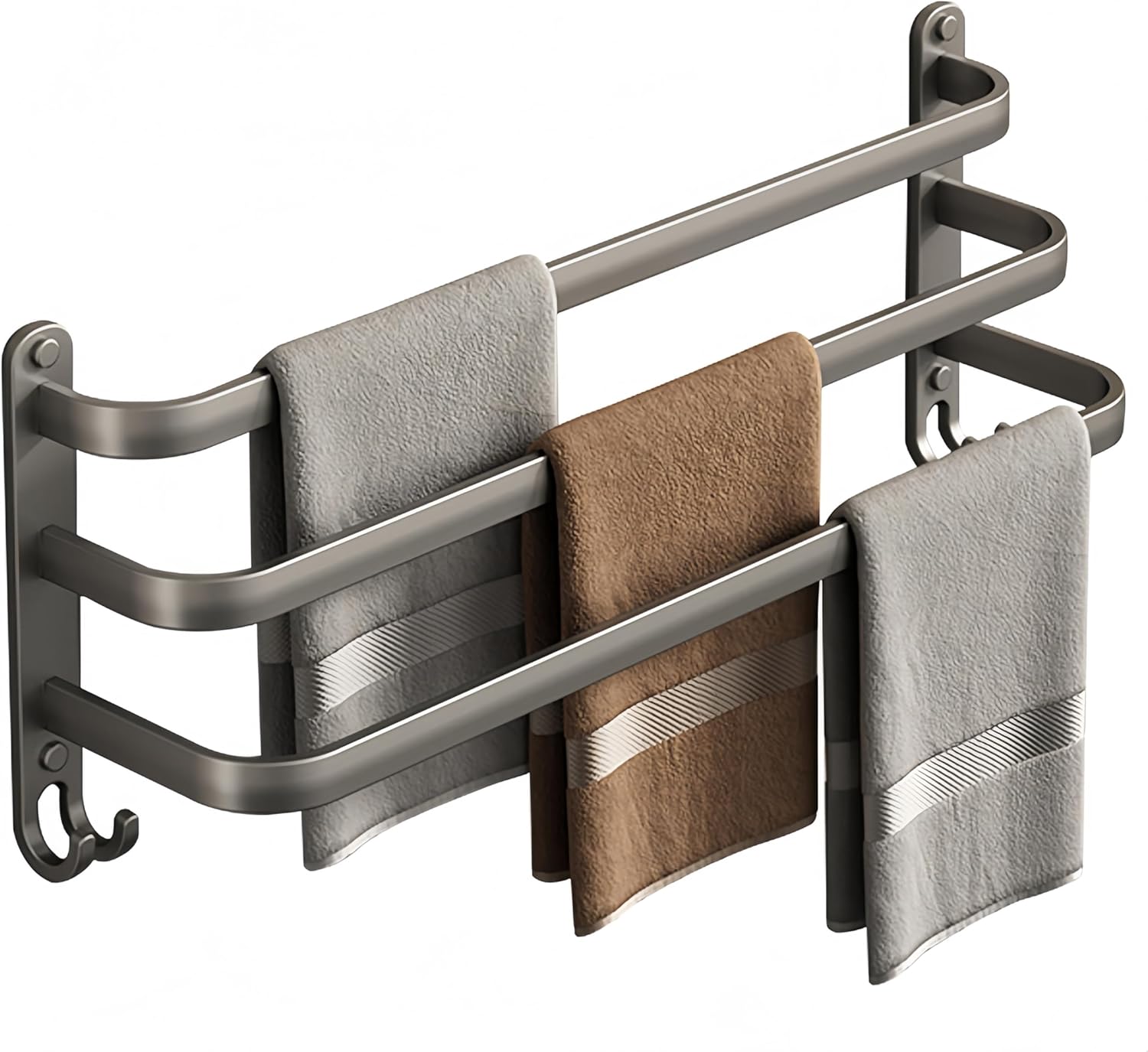 SEIDO 24 Inch 3-Tier Towel Rack for Bathroom, Heavy Duty Square Ladder Towel Bar Wall Mounted, Rustproof 304 Stainless Steel Brushed Grey Towel Holder with Hooks, Adhesive & Screw Mounting Options