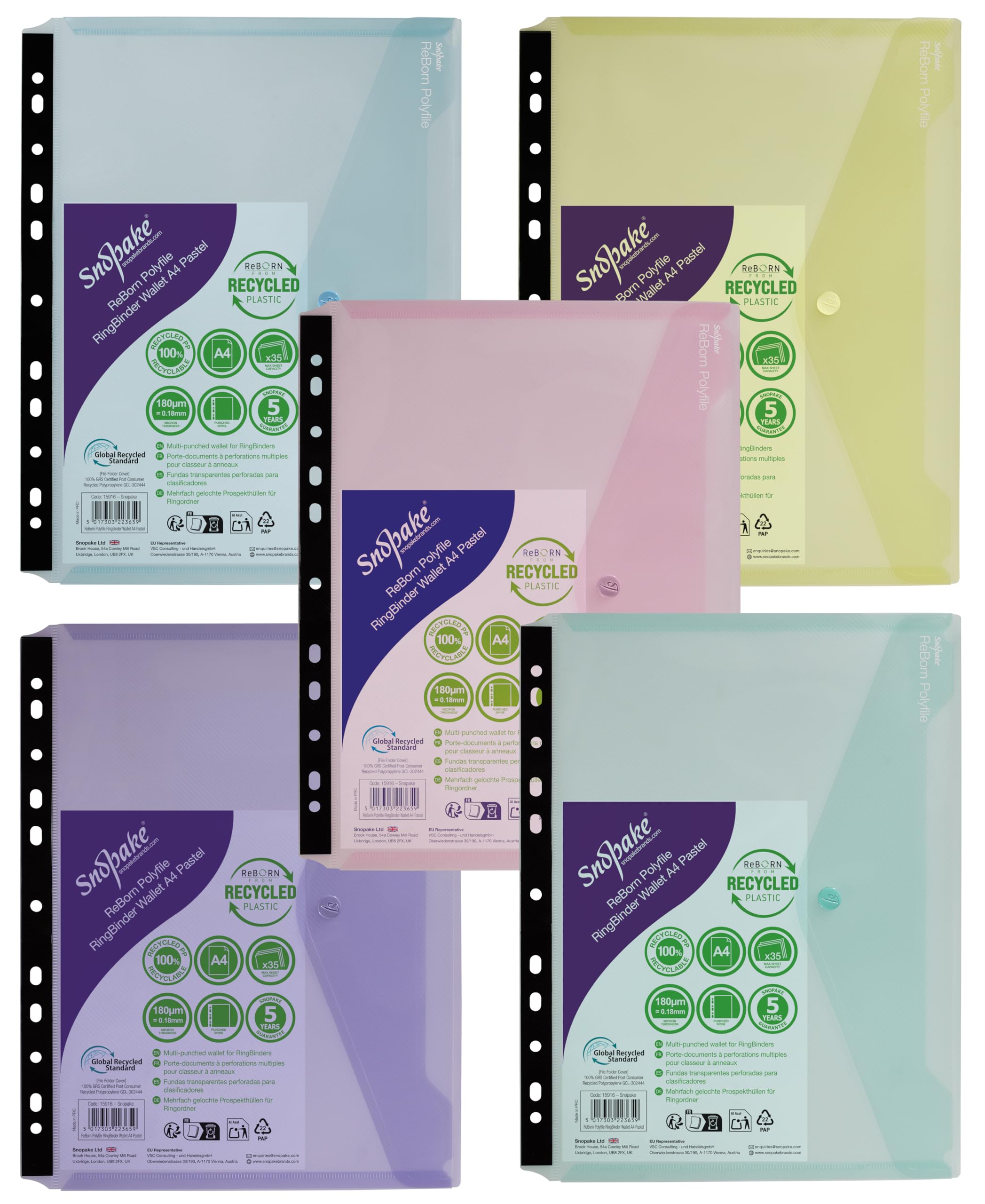 Snopake Reborn [100% Recycled] A4 Polyfile RingBinder Popper Wallet - Pastel Assorted [Pack of 5], Multi-Punched for Binders Ref: 15916