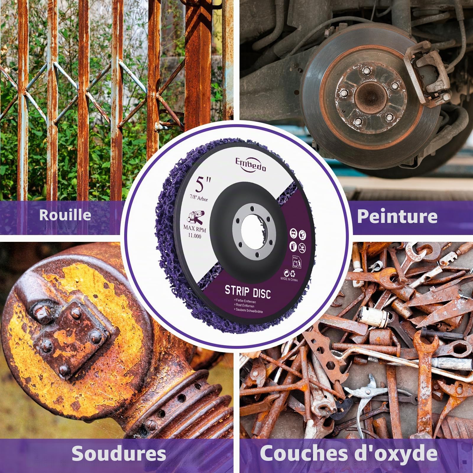 Lot de 5 Disques Abrasifs 125mm pour Meuleuse d'Angle｜Élimine Peinture & Rouille｜Nettoyage Profond Sans Abîmer les Surfaces｜Pour Métal/Bois/Pierre/Plastique｜Usage Pro & DIY